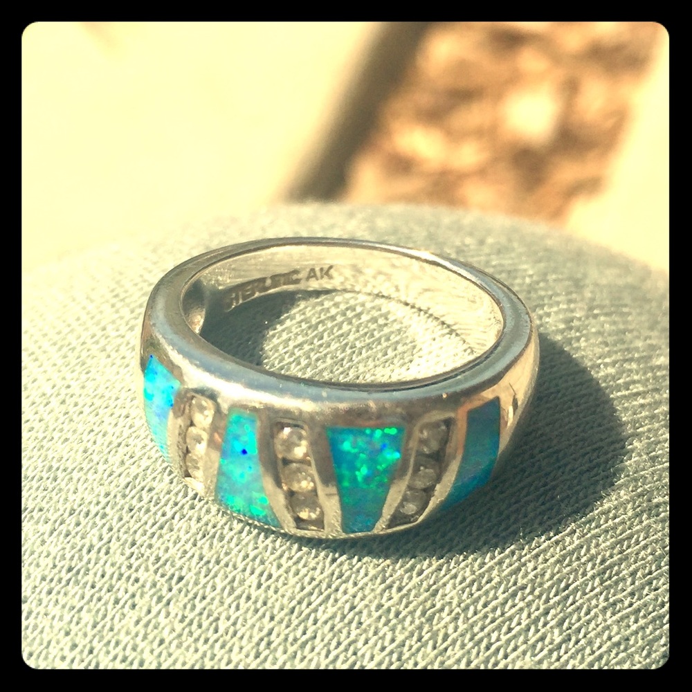 Navajo sterling silver opal ring 6 with diamonds